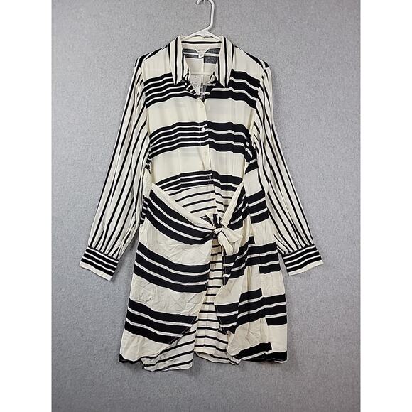 NWT Cato White Striped LS Button Up Tie Front Rayon Shift Dress Women's Large - Picture 1 of 14